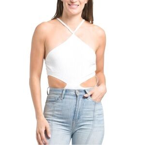 ZARA white cut out Knit Ribbed Unikini Spaghetti Strap stretchy Bodysuit size S